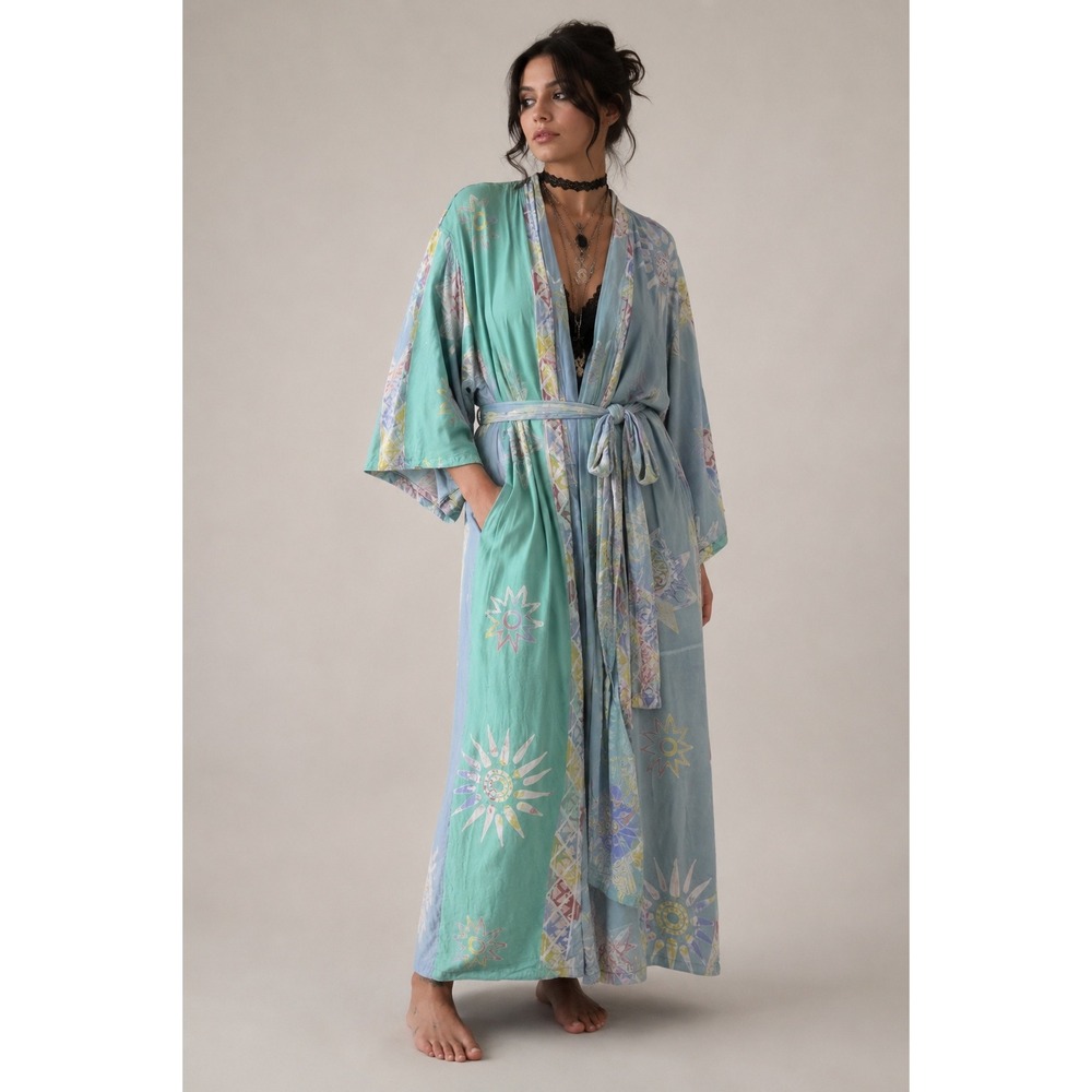 Novica Celestial Batik Kimono Robe Boho Sun Star Rayon Maxi Duster One Size